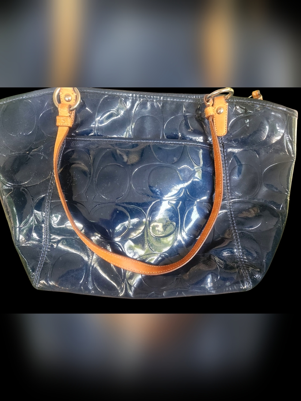 Coach Glossy Navy Patent Tote with Tan Leather Handles